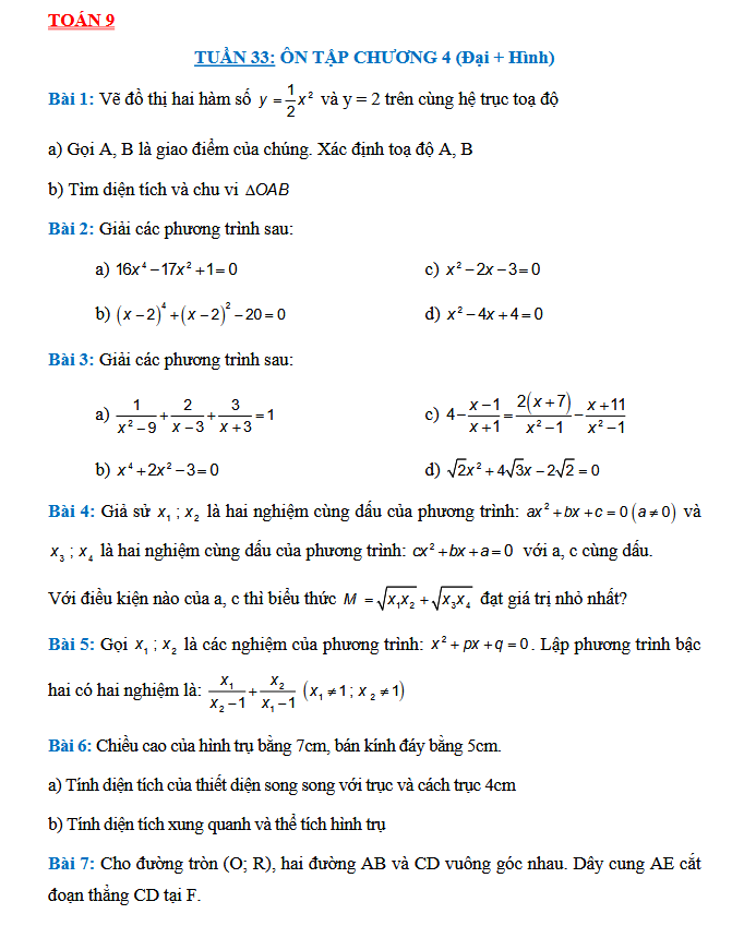 TUẦN 33: ÔN TẬP CHƯƠNG 4 - Toán 9