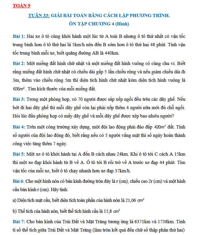 TUẦN 33: GIẢI BÀI TOÁN BẰNG CÁCH LẬP PHƯƠNG TRÌNH - Toán 9