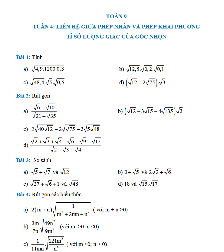 TUẦN 4: LIÊN HỆ GIỮA PHÉP NHÂN VÀ PHÉP KHAI PHƯƠNG - Toán 9