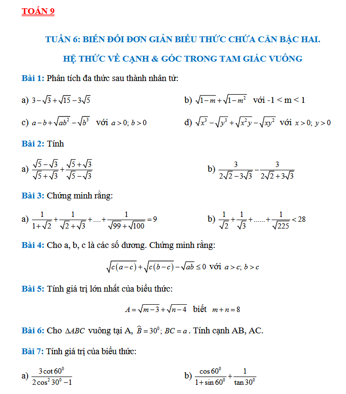 TUẦN 6: BIẾN ĐỔI ĐƠN GIẢN BIỂU THỨC CHỨA CĂN BẬC HAI - Toán 9