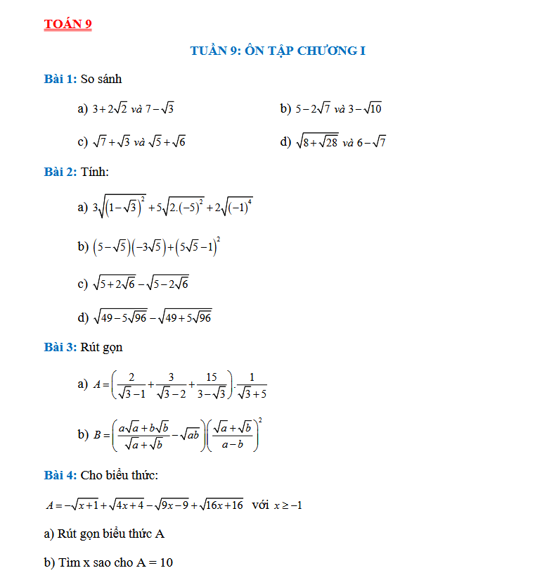 TUẦN 9: ÔN TẬP CHƯƠNG I - Toán 9