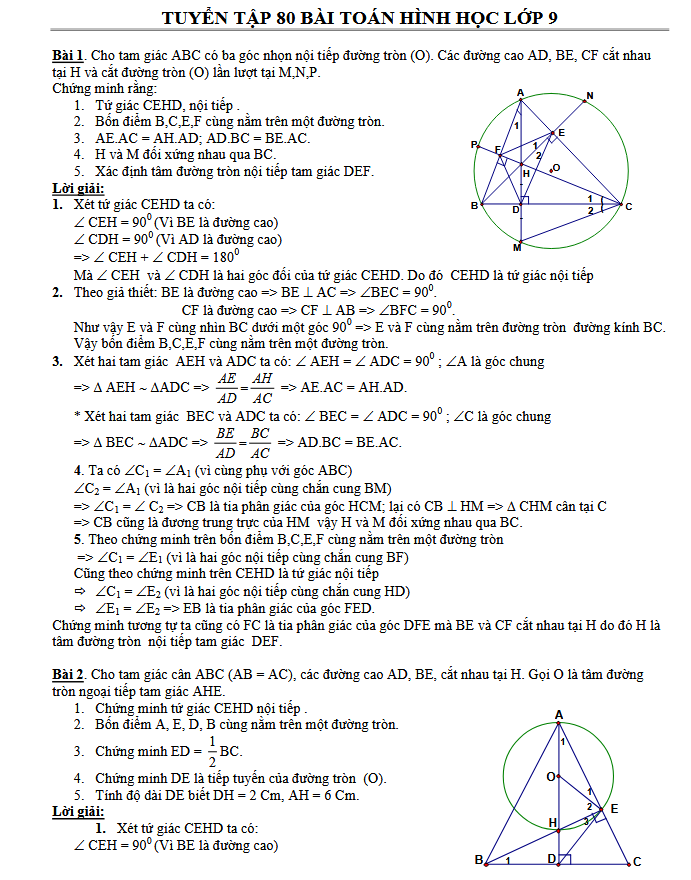 TUYỂN TẬP 80 BÀI TOÁN HÌNH HỌC LỚP 9