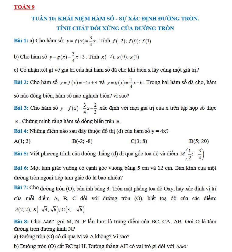 TUẦN 10: KHÁI NIỆM HÀM SỐ - SỰ XÁC ĐỊNH ĐƯỜNG TRÒN - Toán 9