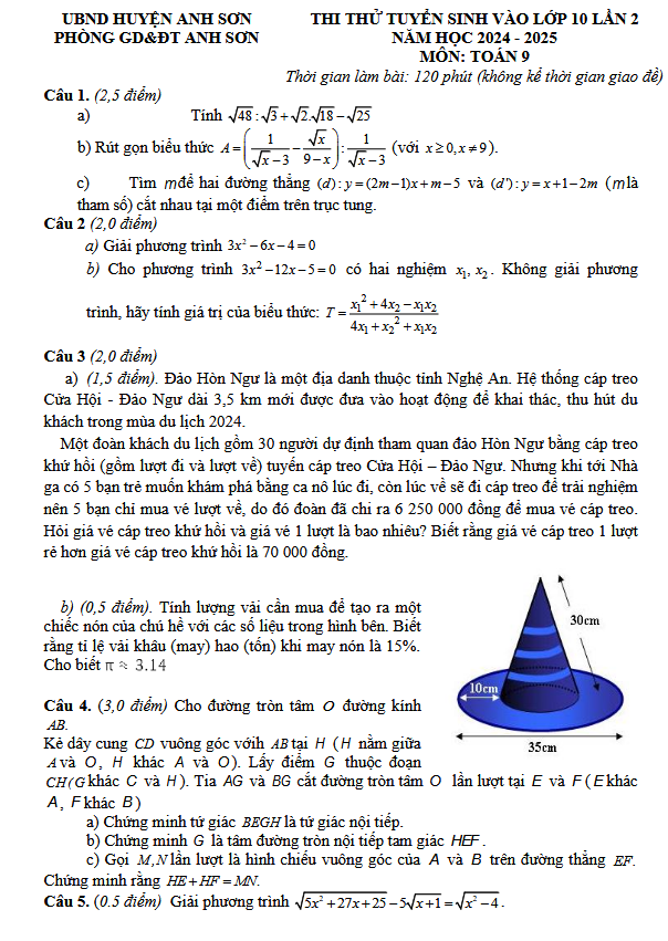 ĐỀ THI THỬ TUYỂN SINH VÀO LỚP 10 LẦN 2 NĂM HỌC 2024 - 2025 MÔN TOÁN - Phòng GD&ĐT Anh Sơn