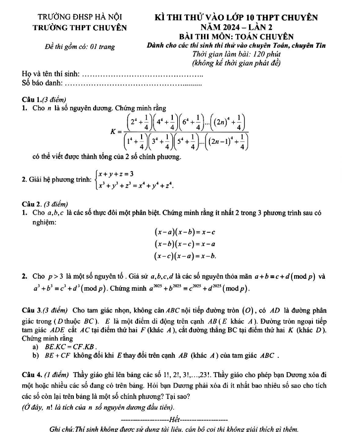 ĐỀ THI THỬ TUYỂN SINH VÀO LỚP 10 THPT CHUYÊN LẦN 2 NĂM HỌC 2024 - ĐH Sư Phạm Hà Nội