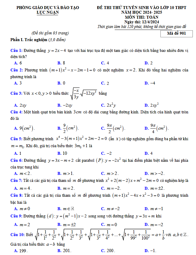 ĐỀ THI THỬ TUYỂN SINH VÀO LỚP 10 THPT NĂM HỌC 2024- 2025 MÔN TOÁN - Phòng GD&ĐT Lục Ngạn