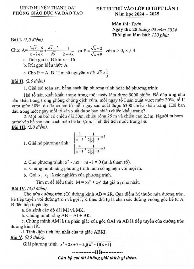 ĐỀ THI THỬ VÀO LỚP 10 Năm học 2024 - 2025 MÔN TOÁN - LẦN 1 - Phòng GD&ĐT Thanh Oai