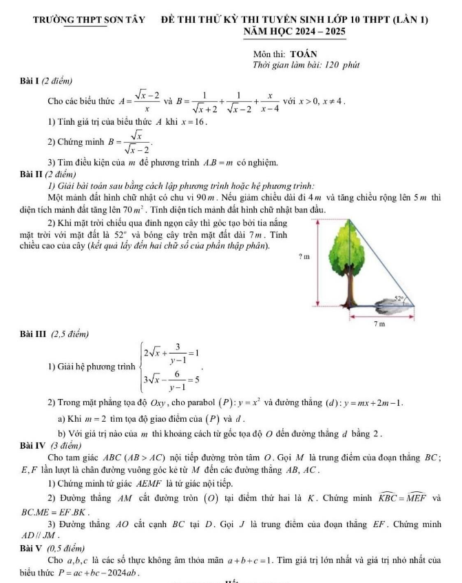 ĐỀ THI THỬ VÀO LỚP 10 Năm học 2024 - 2025 MÔN TOÁN - LẦN 1 - THPT Sơn Tây