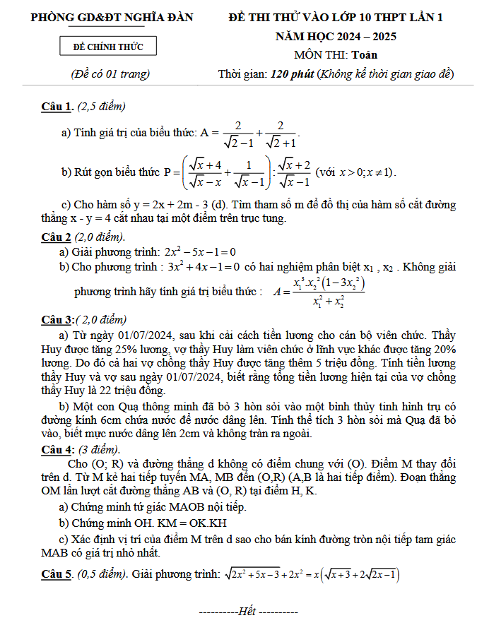 ĐỀ THI THỬ VÀO LỚP 10 THPT LẦN 1 NĂM HỌC 2024 – 2025 MÔN Toán - Phòng GD&ĐT Nghĩa Đàn
