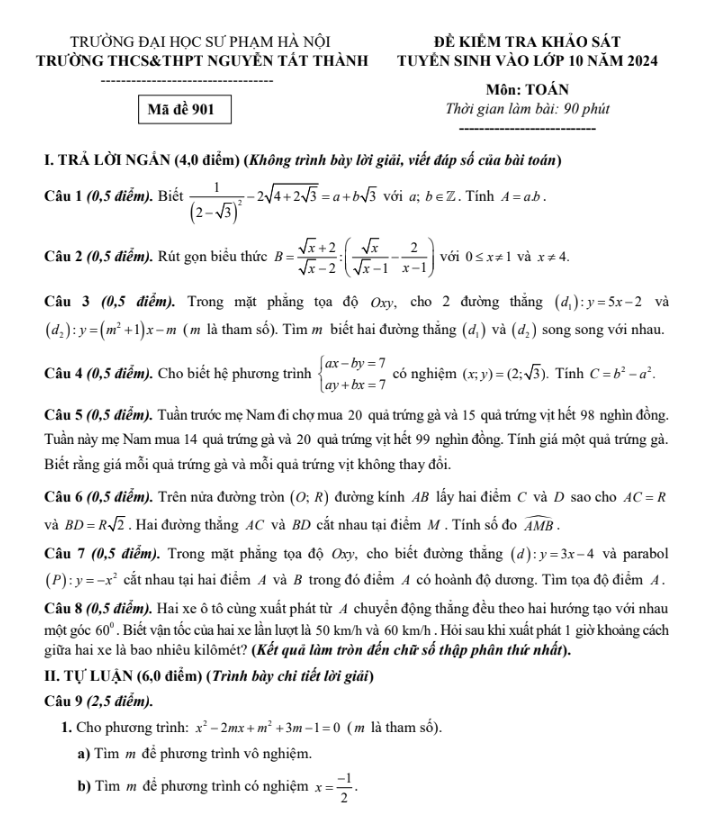 Đề khảo sát tuyển sinh vào lớp 10 năm học 2024 - THPT Nguyễn Tất Thành - Hà Nội