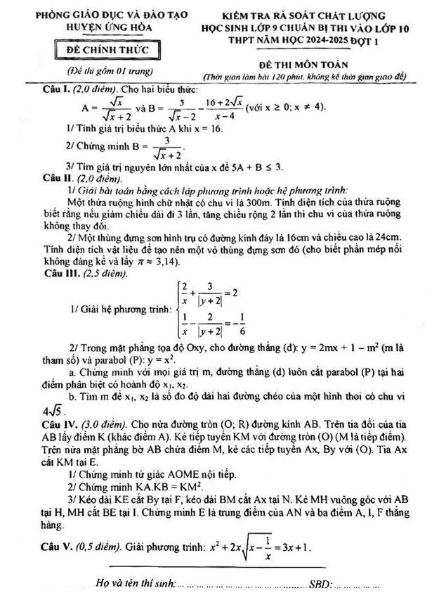 Đề kiểm tra Toán 9 thi vào lớp 10 năm 2024 - 2025 - Phòng GDĐT Ứng Hòa - Hà Nội
