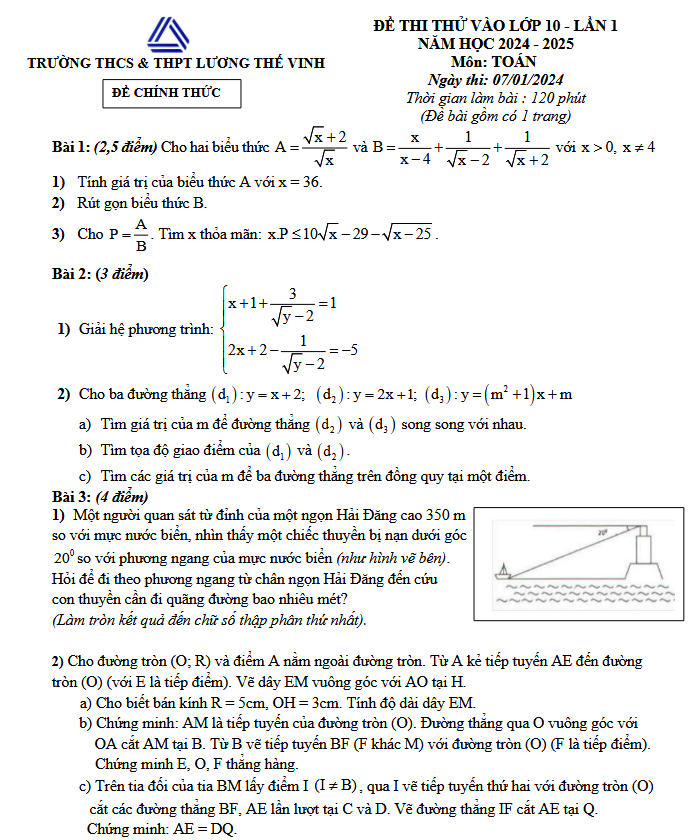 Đề thi thử Toán vào lớp 10 năm 2024 - 2025 - THPT Lương Thế Vinh - Hà Nội