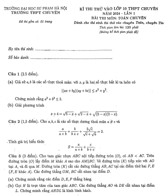 Đề thi thử vào lớp 10 THPT Chuyên năm 2024 lần 1 - ĐH Sư Phạm Hà Nội - Chuyên Toán, Tin