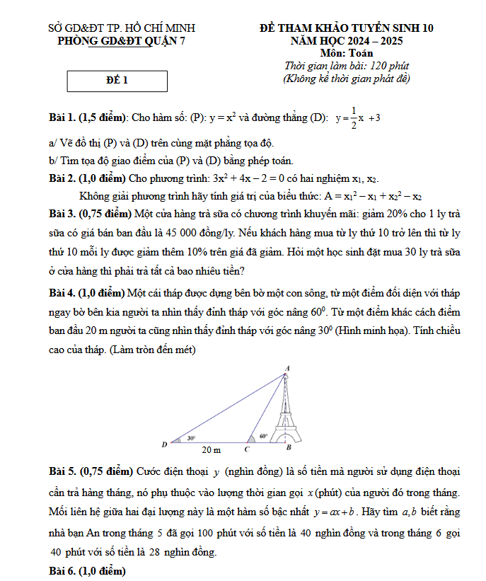 Tổng hợp đề tham khảo tuyển sinh lớp 10 môn Toán năm 2024 - 2025 - Phòng GD&ĐT Quận 7