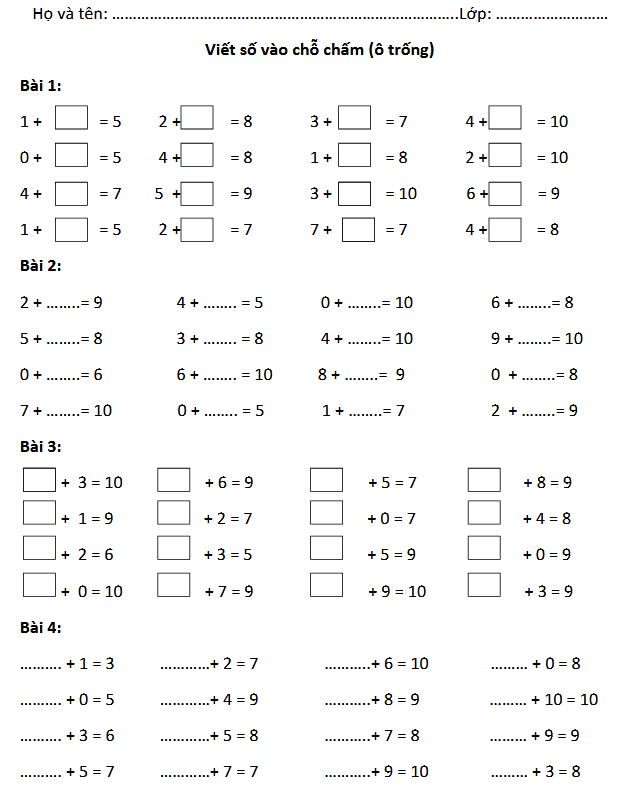 Bài tập toán lớp 1 bổ trợ học sinh yếu