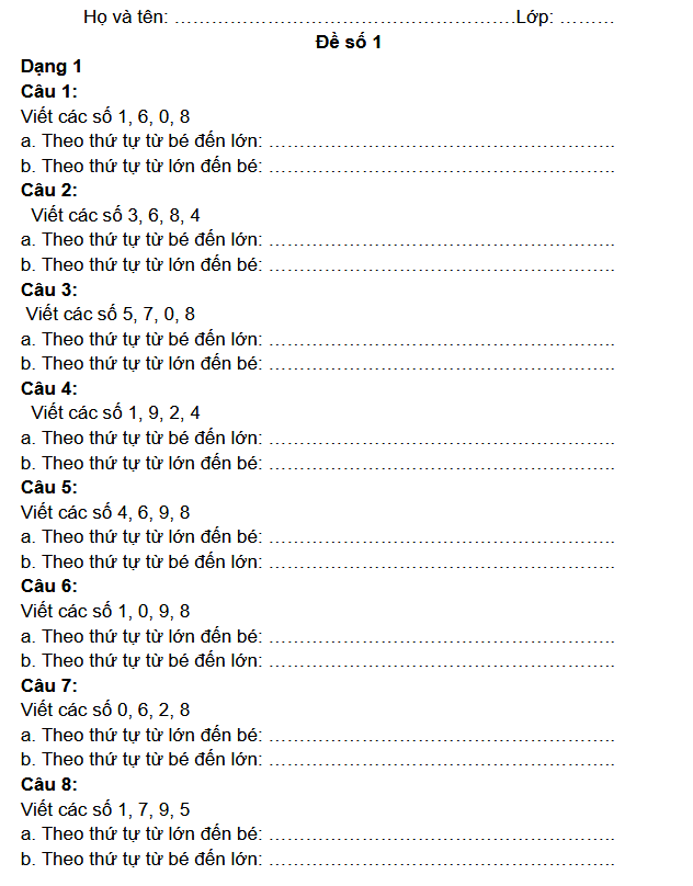 Bài tập toán lớp 1 bổ trợ học sinh yếu