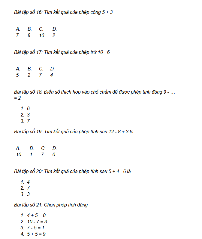 Bài toán lớp 1 - Cộng, Trừ