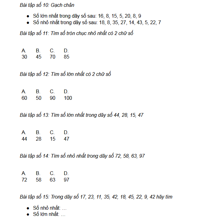 Bài toán về tìm số lớn nhất, nhỏ nhất lớp 1