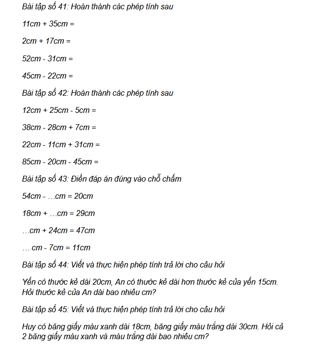 Bài toán với số đo độ dài - Lớp 1