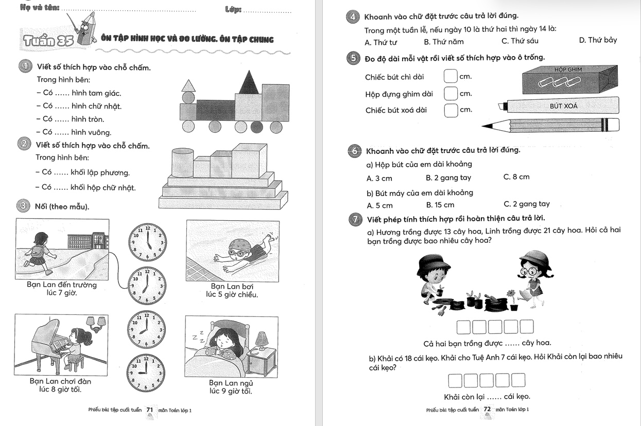 TỔNG HỢP PHIẾU BÀI TẬP CUỐI TUẦN MÔN TOÁN LỚP 1 - 35 tuần