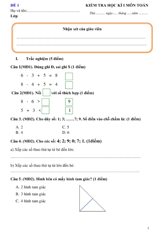 Tổng hợp 22 đề toán lớp 1