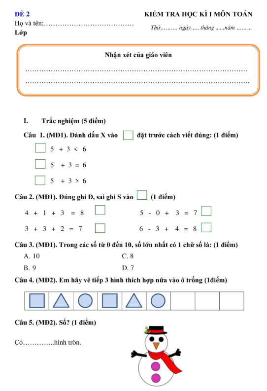 Tổng hợp 22 đề toán lớp 1