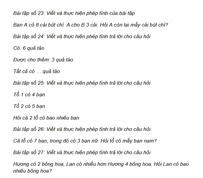 Tổng hợp các bài toán lớp 1 có lời văn