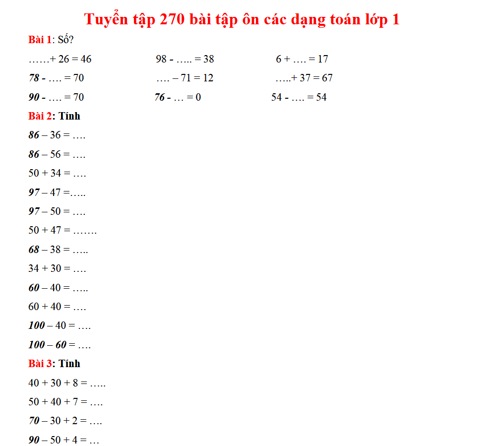 Tuyển tập 270 bài tập ôn các dạng toán lớp 1