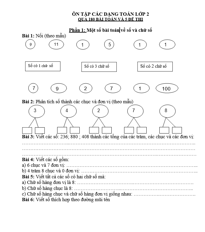 ÔN TẬP CÁC DẠNG TOÁN LỚP 2 QUA 180 BÀI TOÁN VÀ 5 ĐỀ THI