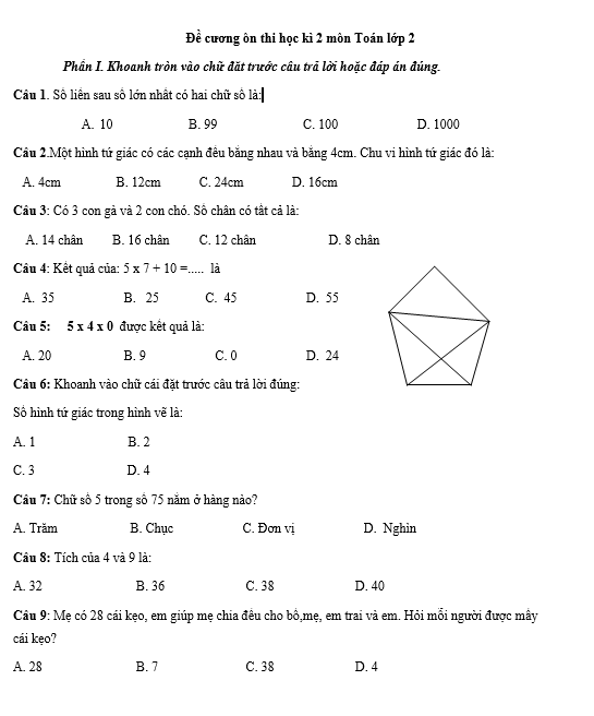 Đề cương ôn thi học kì 2 môn Toán lớp 2 