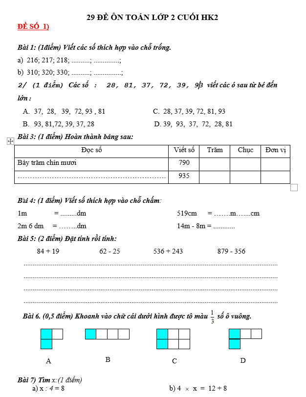 29 ĐỀ ÔN TOÁN LỚP 2 CUỐI HK2