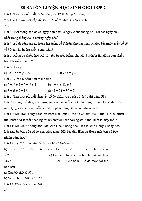 80 BÀI ÔN LUYỆN HỌC SINH GIỎI LỚP 2