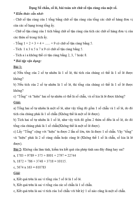 Dạng Số chẵn, số lẻ, bài toán xét chữ số tận cùng của một số.