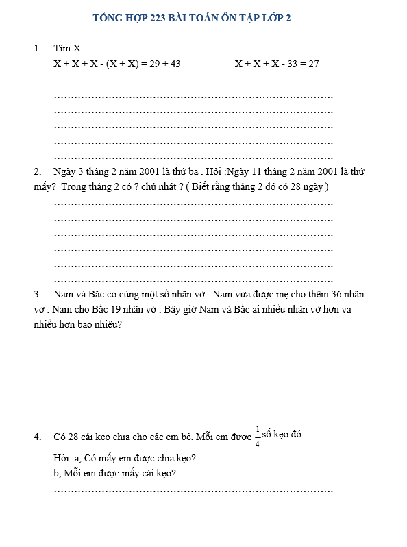 TỔNG HỢP 223 BÀI TOÁN ÔN TẬP LỚP 2