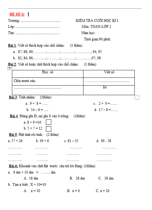 Tuyển tập 37 đề thi HK1 môn Toán lớp 2