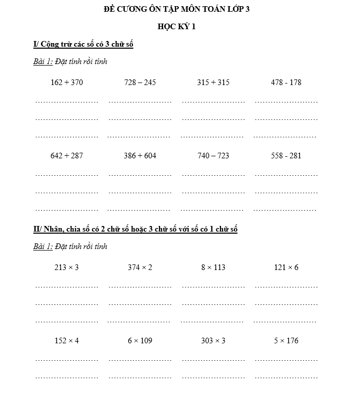 ĐỀ CƯƠNG ÔN TẬP MÔN TOÁN LỚP 3 HỌC KỲ 1
