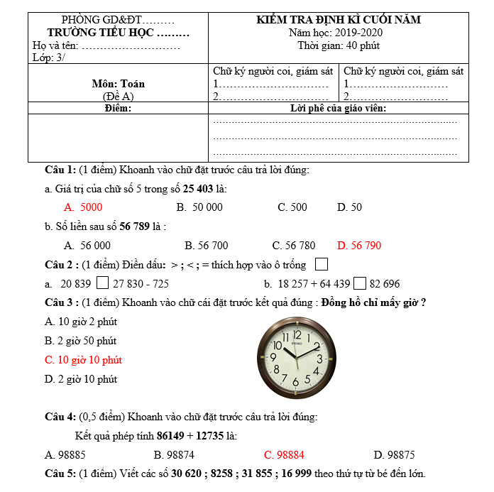 Đề thi HK2 môn Toán lớp 3