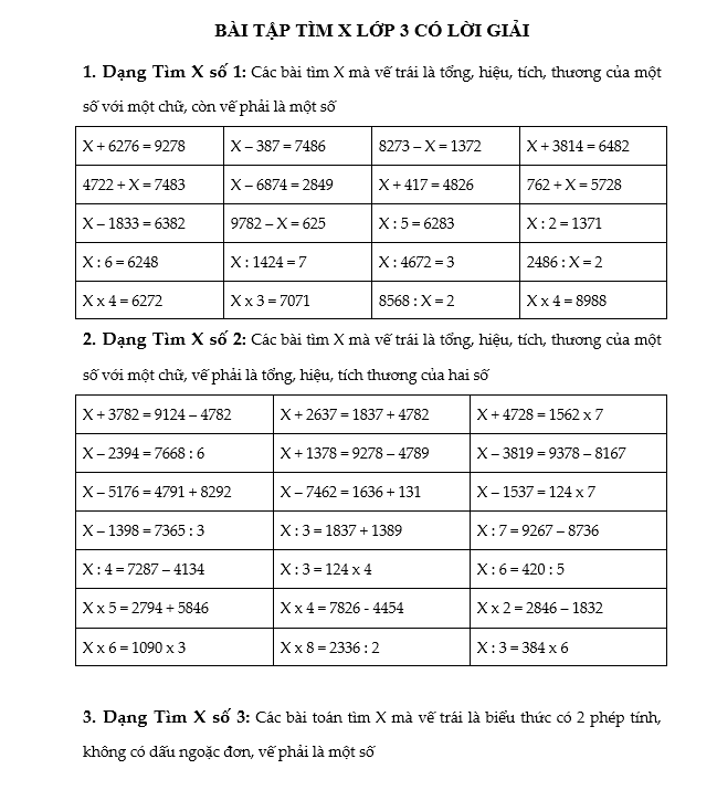 Bài tập tìm x lớp 3 có lời giải