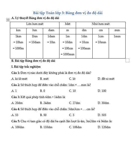 Bài tập Toán lớp 3: Bảng đơn vị đo độ dài