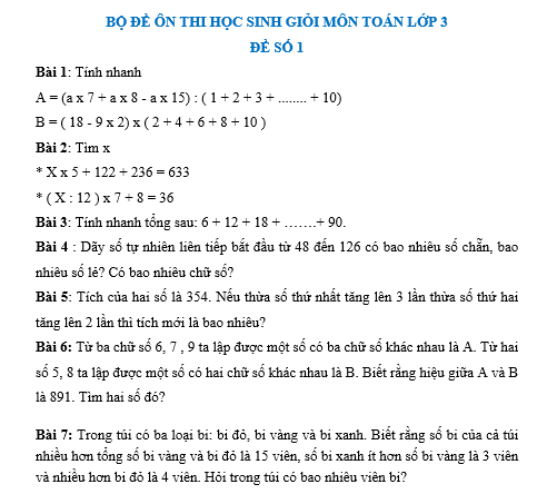 BỘ ĐỀ ÔN THI HỌC SINH GIỎI MÔN TOÁN LỚP 3
