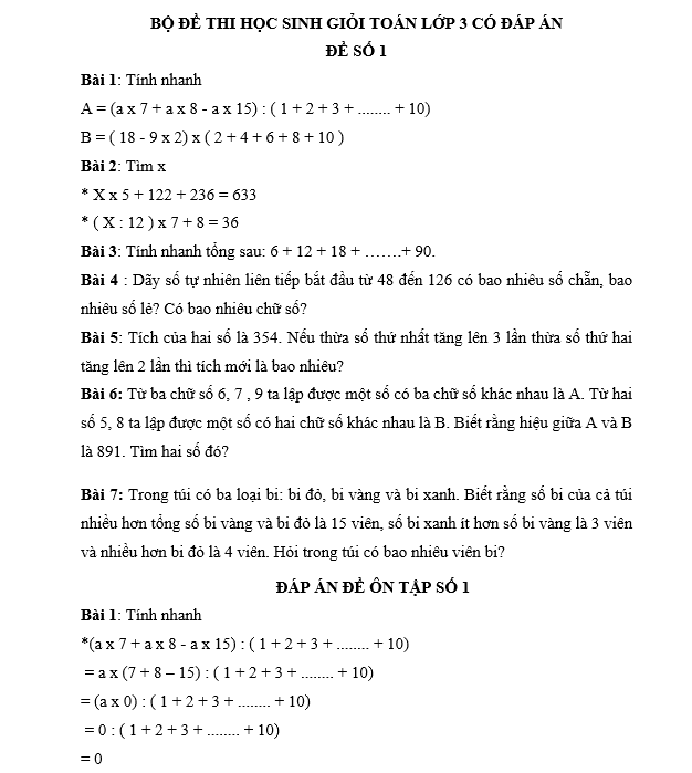 BỘ ĐỀ THI HỌC SINH GIỎI TOÁN LỚP 3 CÓ ĐÁP ÁN