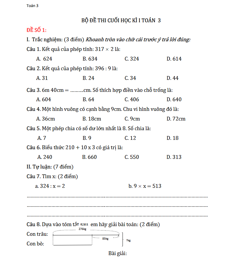 BỘ 20 ĐỀ KIỂM TRA HỌC KÌ I TOÁN 3
