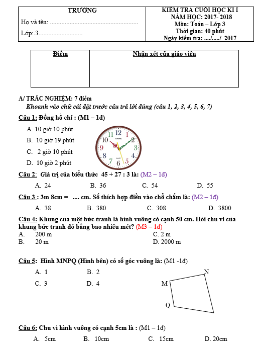 Bộ đề thi HK1 lớp 3