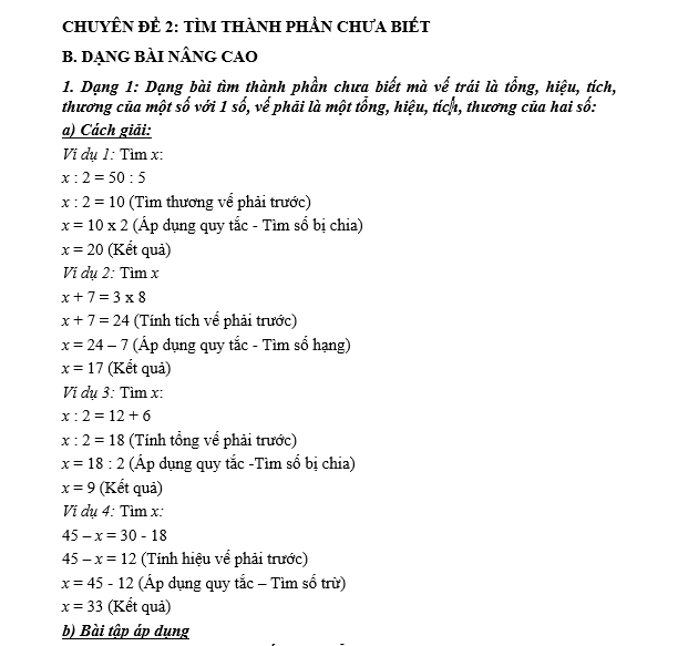 CHUYÊN ĐỀ 2: TÌM THÀNH PHẦN CHƯA BIẾT - Toán lớp 3