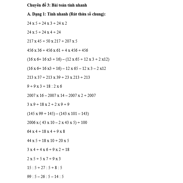 Chuyên đề 3: Bài toán tính nhanh lớp 3