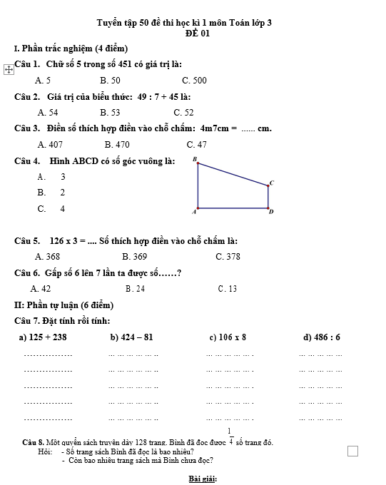 Tuyển tập 50 đề thi học kì 1 môn Toán lớp 3
