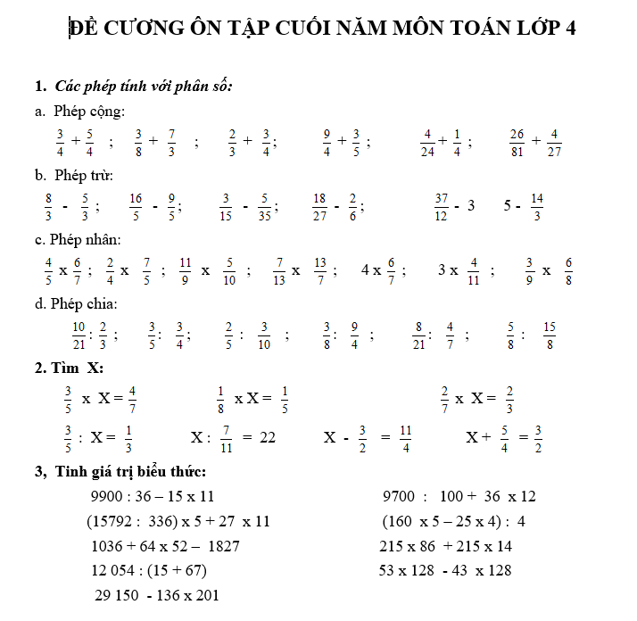 Đề cương ôn tập Học Kỳ 2 môn Toán lớp 4