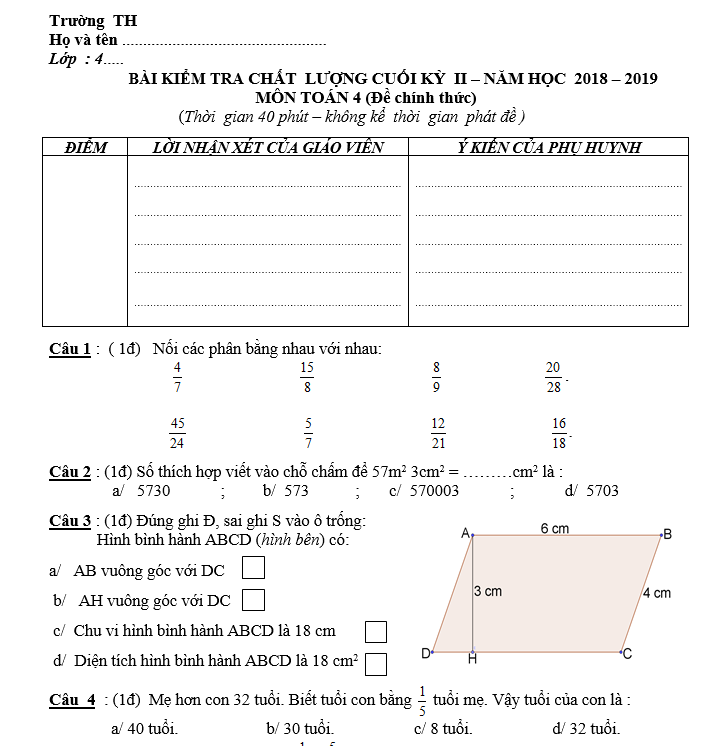 Đề thi Học Kỳ 2 môn Toán lớp 4 - Năm 2019
