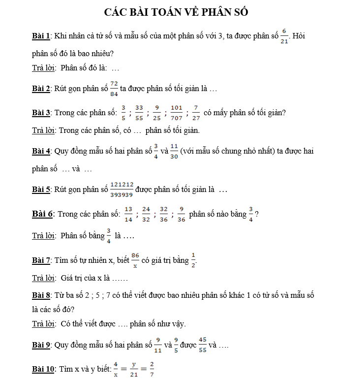 Các dạng toán về phân số