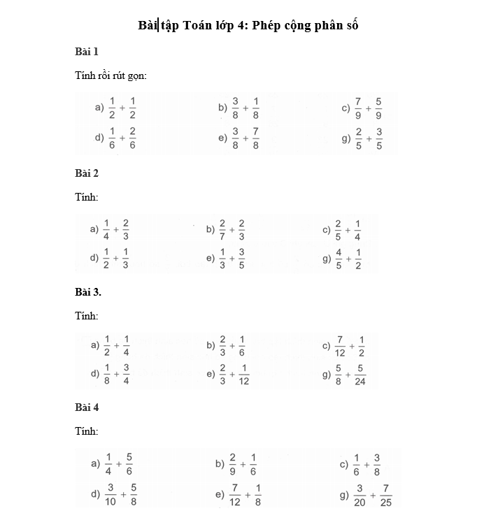 Bài tập Toán lớp 4: Phép cộng phân số